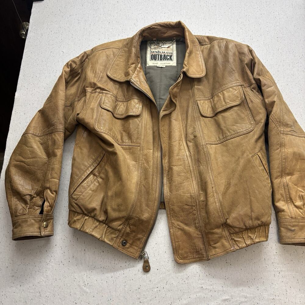 VTG NZO COOPER Men Brown Leather BOMBER New Zealand Outback Biker Jacke